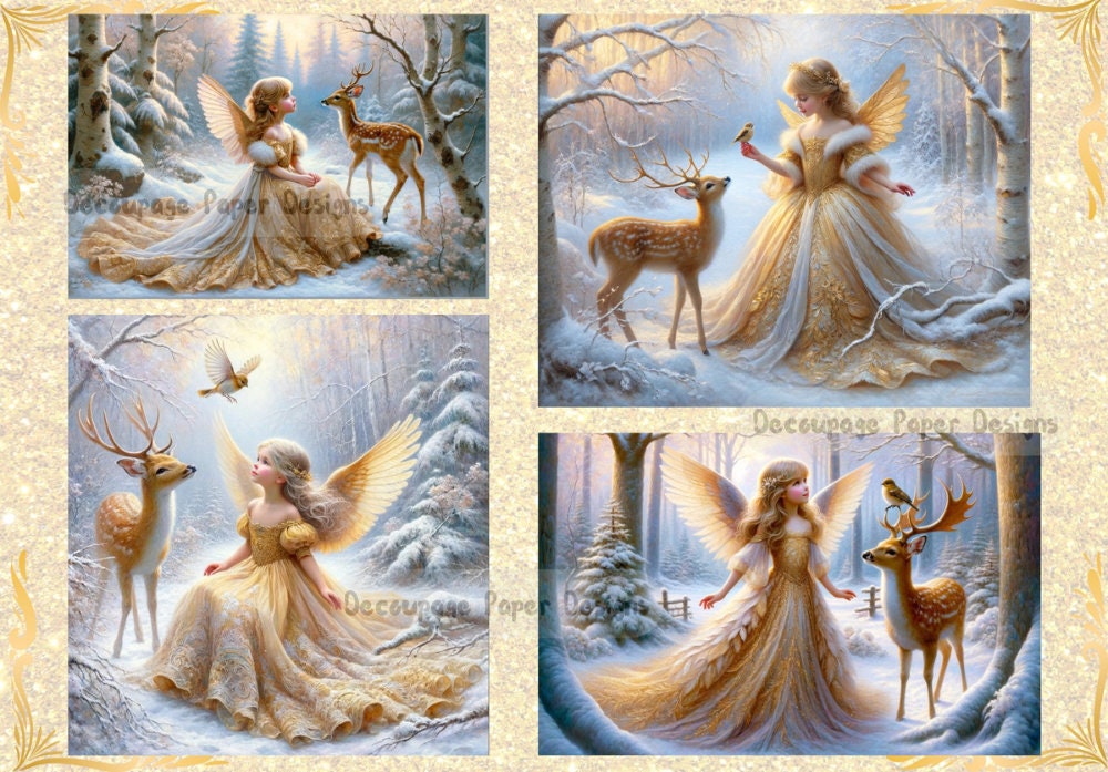 Decoupage Creatives, Rice Paper, Golden Angels, Cards, Baby Deer, Winter, Forest, Snow,  Mixed Media, Fantasy, Squares, 4 Pack, A4 DPD151