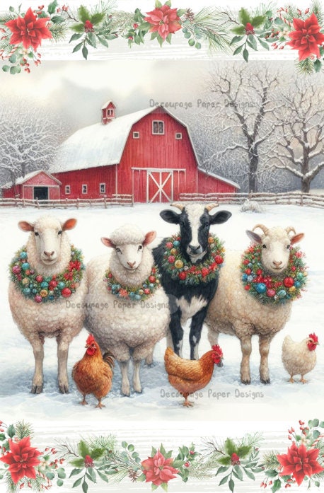 Decoupage Creatives, Rice Paper, Cow, Sheep, Goat, Chickens, Farm, Barn, Country, Snow, Mixed Media, Christmas, A4 8.27 X 11.69, DPD-165