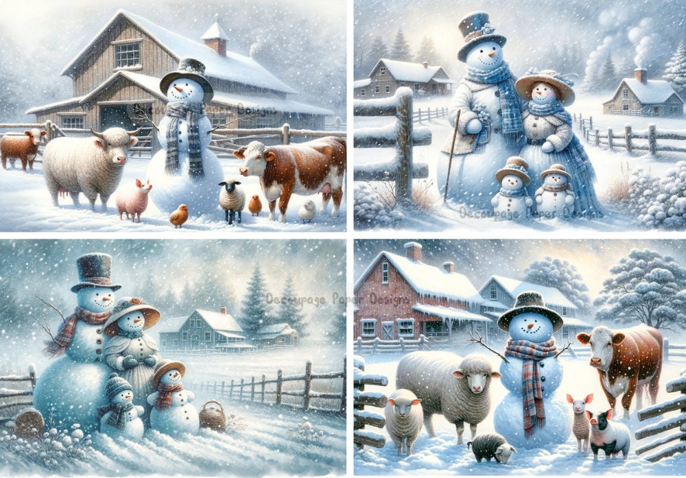 Decoupage Creatives, Rice Paper, Farm, Snowman, Cow, sheep, Animals, Winter, Snow,  Mixed Media, Christmas, A4 8.27 X 11.69, DPD-170