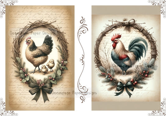 Decoupage Creatives, Rice Paper, Chicken, Rooster, Wreaths, Cards, Squares, Mixed Media, Country, Christmas, A4 8.27 X 11.69, DPD-174