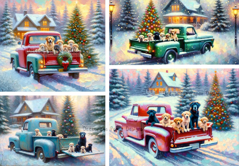 Decoupage Creatives, Rice Paper, Cabin, Vintage Truck, Dogs, Labs, Squares, Winter, Mixed Media, Christmas, Cards, A4 8.27 X 11.69 DPD179