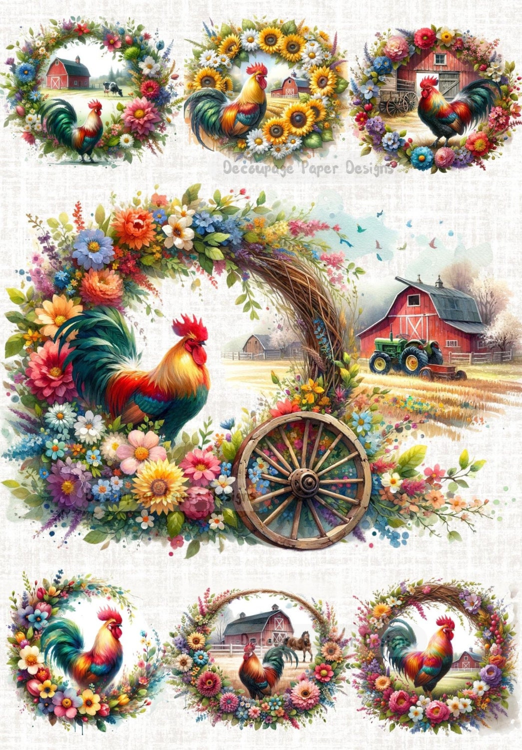 Decoupage Creatives, Rice Paper, Rooster, Wreaths, Rounds, Flowers, Farm, Mixed Media, Country, Red Barn, A4 8.27 X 11.69, DPD-266