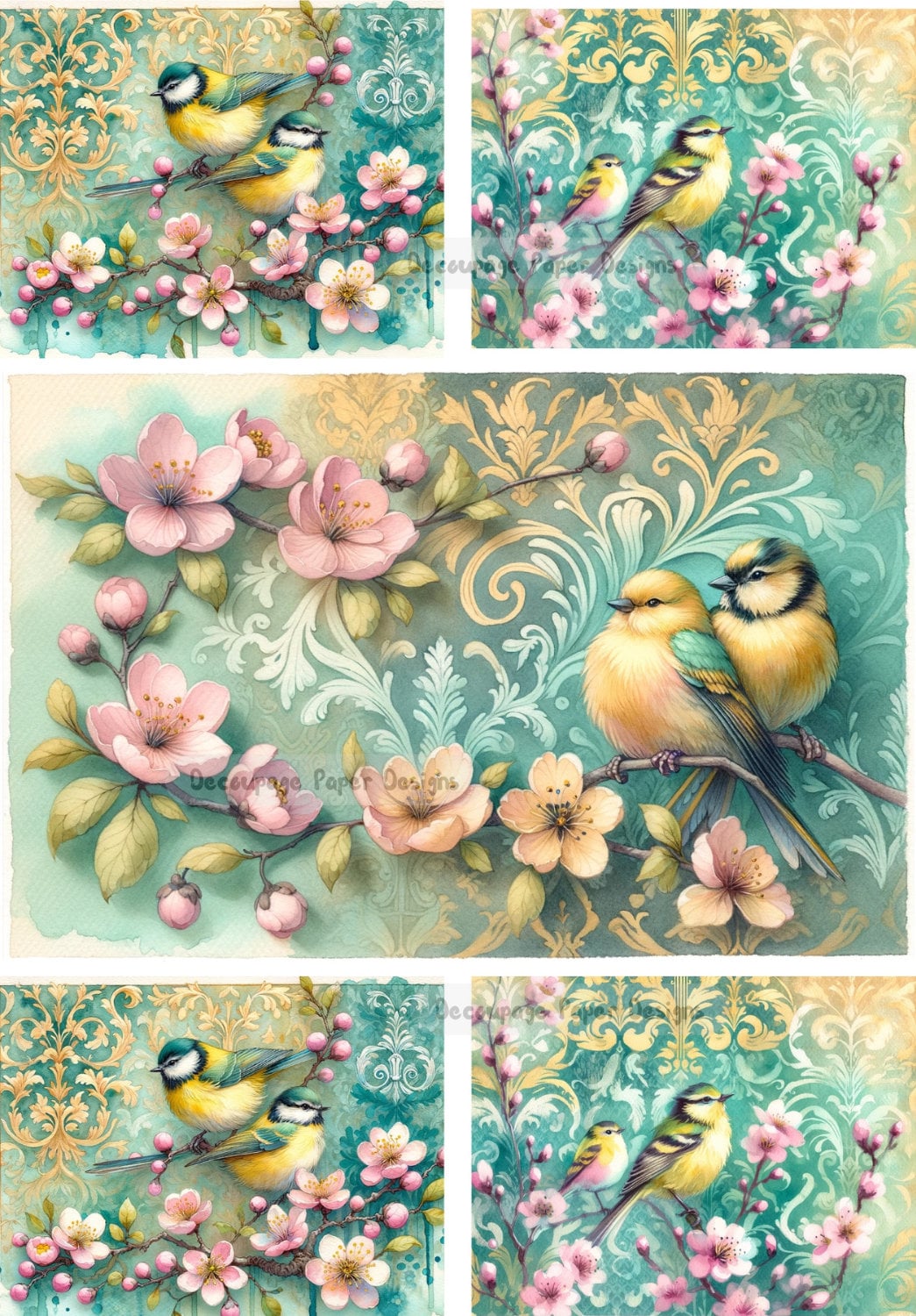 Decoupage Creatives, Rice Paper,  Mixed Media, Spring, Birds, Flourishes, Shabby Chic, Flowers, Squares A4 8.27 X 11.69, DPD-300