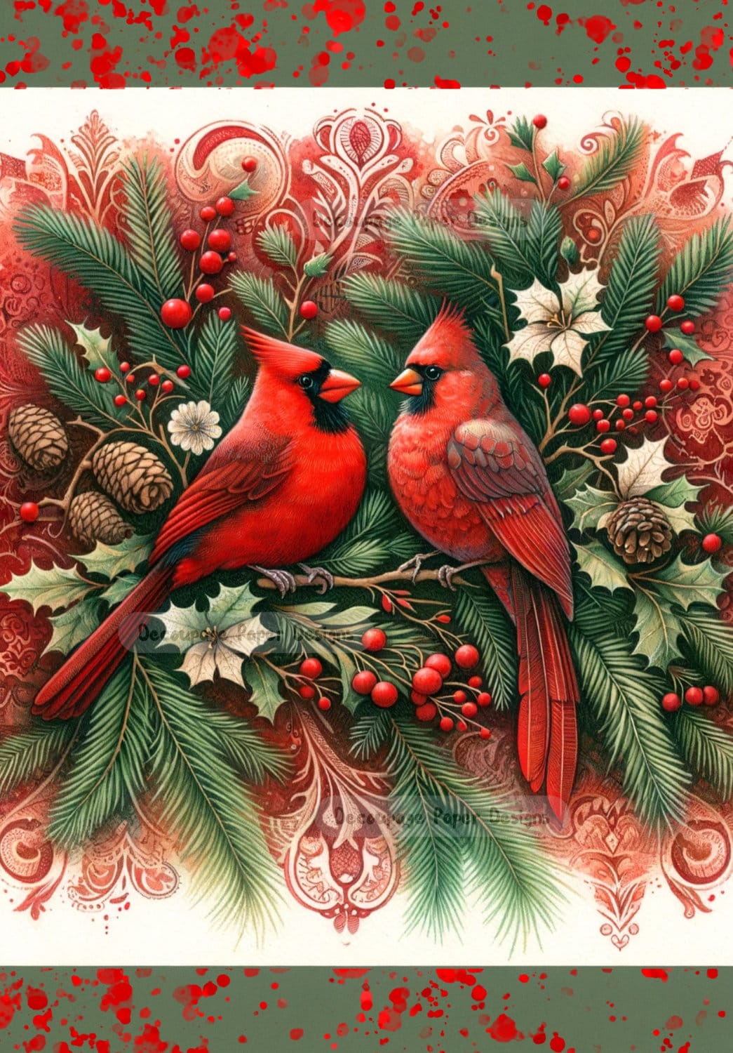 Decoupage Creatives, Rice Paper, Mixed Media, Cardinals, Christmas Greenery, Garland, Flourishes, Holly, Flowers,A4 8.27 X 11.69, DPD-308