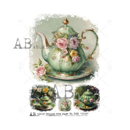 AB Studio, Rice Paper for Decoupage, Vintage, Shabby Chic Style, Porcelain Tea Pot, Pale Green, Pink Roses, Circles, ID-5035 A4 8.27 x 11.69