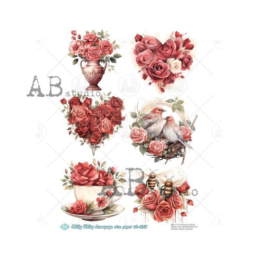 AB Studio, Milky Valley, Rice Paper Decoupage, Pink, Hearts, Roses, Love Birds, Valentines Day, ID-258 A4 8.27 x 11.69, Imported Poland