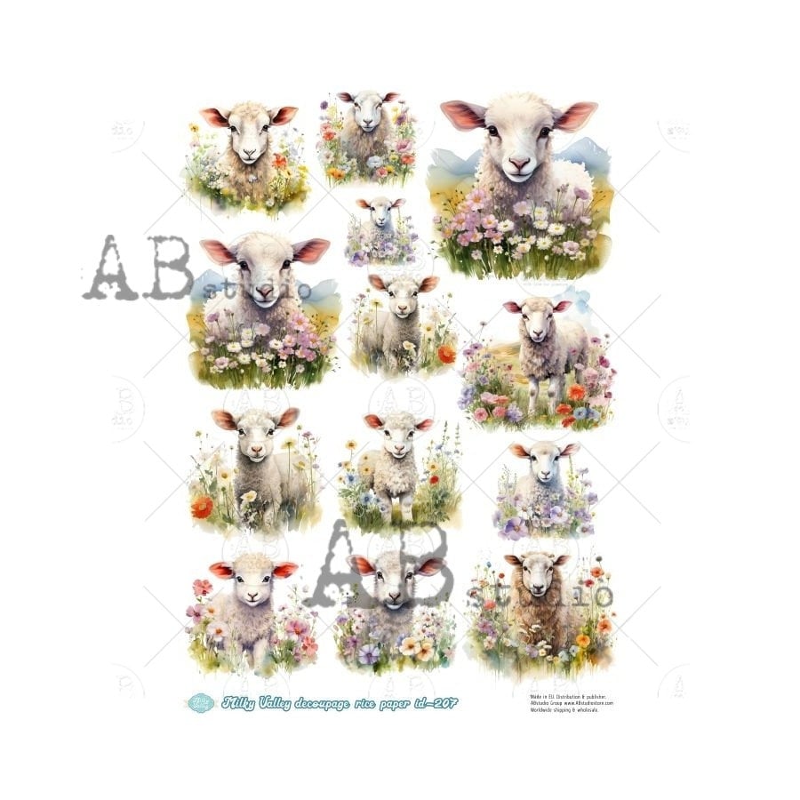 AB Studio, Milky Valley, Rice Paper, Decoupage, Spring, Lambs, Sheep, rounds, Flowers, Easter, ID-207 A4 8.27 x 11.69, Imported Poland