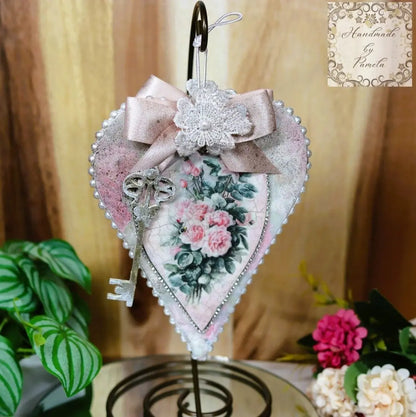 Handcrafted, Shabby Chic, Valentine, Roses, Heart Ornament, Pink Roses, Decoupage MDF, Love Heart Ornament, Gift, Heart Decoupage Ornament Handmade by Pamela