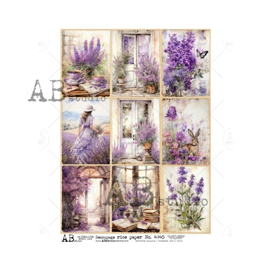 AB Studio, Rice Paper for Decoupage, Vintage, Shabby Chic, Birds, Antique Style, Lavender, Squares, ID-4945 A4 8.27 x 11.69, Imported Poland