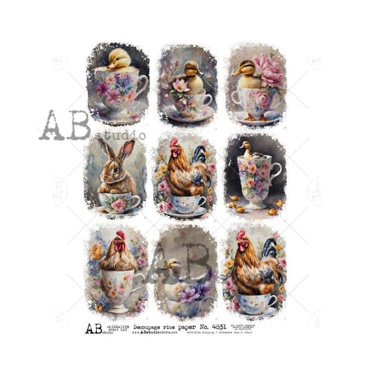 AB Studio, Rice Paper, Decoupage, Spring, Easter, Tea Cups, Chick, Rooster, Bunny, Flowers, Squares, ID4831 A4 8.27 x 11.69, Imported Poland