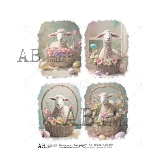 AB Studio, Rice Paper, Decoupage, Spring, Easter, Lamb, Sheep Flowers, Baskets, Eggs, Squares, ID4804 A4 8.27 x 11.69, Imported Poland