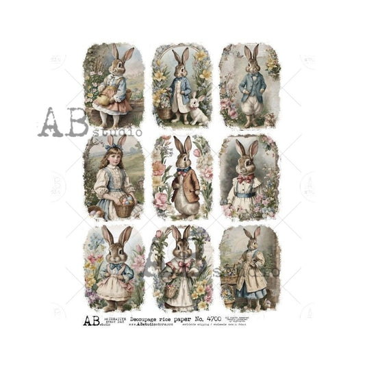 AB Studio, Rice Paper, Decoupage, Spring, Easter, Rabbits, Bunnies, Flowers, Vintage Style, Squares, ID4700 A4 8.27 x 11.69, Imported Poland