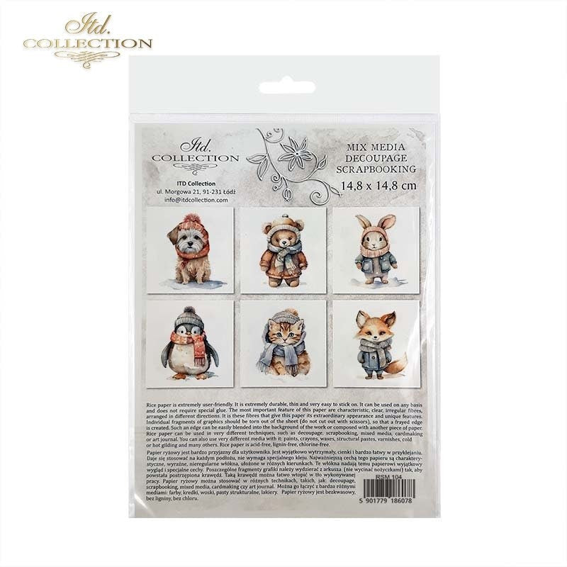 ITD Collection Rice Paper Mini Set for Decoupage RSM104, 6 sheets, 14,8x14,8 cm, Baby,  Penguin, Puppy, Bunny, Fox, Bear, Kitten