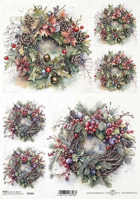 ITD Collection, Rice Paper, Decoupage, Mixed Media, R2292,  A4, 8.27x11.7 Christmas, Winter, Wreaths, Garland, Rounds, Decorations, Ornament