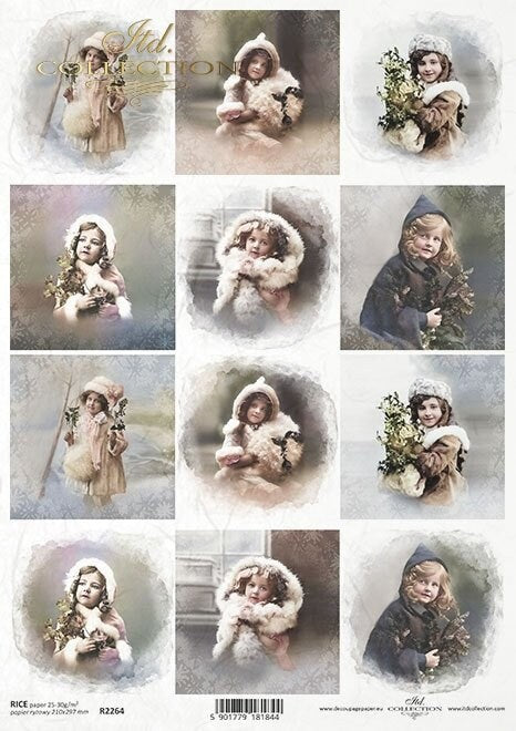 ITD Collection, Rice Paper, Decoupage, Mixed Media, R2264,  A4, 8.27x11.7 Christmas, Vintage, Kids, Girls, Portraits, Squares, Ornaments