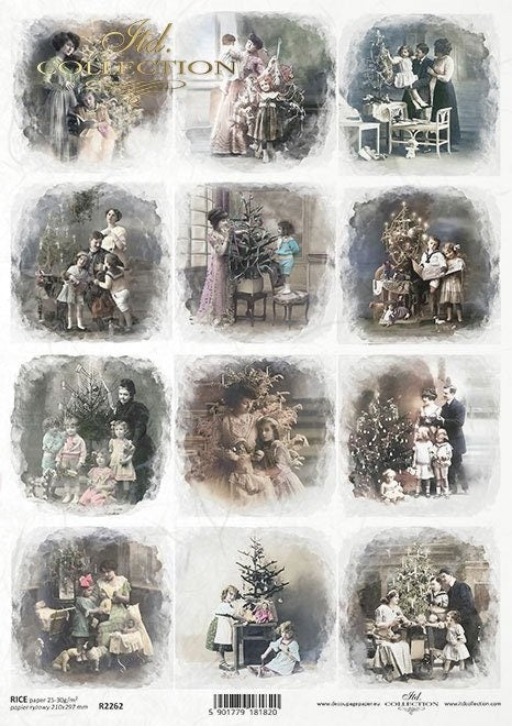 ITD Collection, Rice Paper, Decoupage, Mixed Media, R2262,  A4, 8.27x11.7 Christmas, Vintage, Family, Children, Decorating, Christmas trees