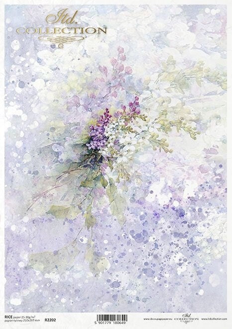 ITD Collection, Rice Paper, Decoupage, Mixed Media, R2202,  A4, 8.27x11.7 Watercolor background, spring flowers, Wallpaper, Purple, Floral