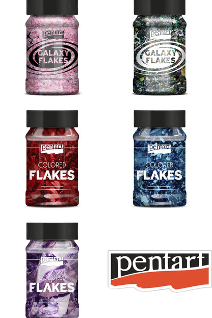 Pentart, Galaxy Flakes, Colored Foil Flakes, 1 g, Pink, Saturn Green, Light Purple, Blue, Red, Metal Leaf Flakes, Metallic, Gilding Pentart
