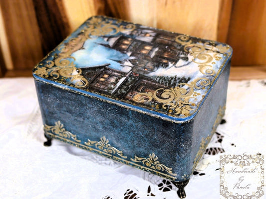 Handcrafted, Decoupage, Mixed Media, Gift, Box, Vintage Style, Blue, Christmas, Winter themed, MDF