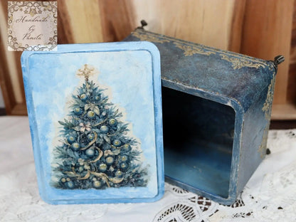 Handcrafted, Decoupage, Mixed Media, Gift, Box, Vintage Style, Blue, Christmas, Winter themed, MDF Handmade by Pamela