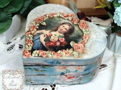 Handcrafted, Decoupage, Heart Box, Shabby Chic, Vintage Style, Mixed Media, Decoupage, MDF Box, Girl Portrait, Pink Roses, Antique Style Handmade by Pamela