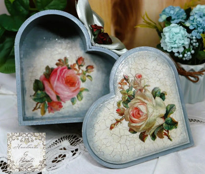 Handcrafted, Decoupage, Heart Box, Shabby Chic, Vintage Style, Mixed Media, Decoupage, MDF Box, Girl Portrait, Pink Roses, Antique Style Handmade by Pamela