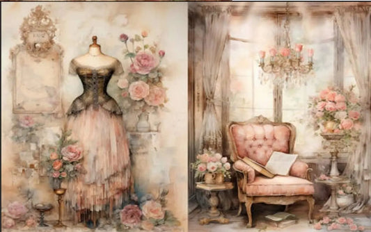 LaBlanche, 2023 Release, Rice Paper, Beautiful, Pink Roses, Vintage Dress, Victorian Chair, Shabby Chic Style, LBD331, A4 8.27 X 11.69 in LaBlanche