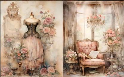 LaBlanche, 2023 Release, Rice Paper, Beautiful, Pink Roses, Vintage Dress, Victorian Chair, Shabby Chic Style, LBD331, A4 8.27 X 11.69 in LaBlanche