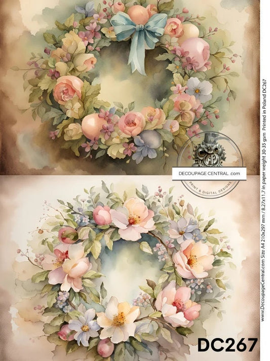 Decoupage Central, Rice Paper, Easter, Spring, Floral, Wreaths, 2 pack, Flowers, Decoration, Shabby Chic, DC267,  Mixed Media, A4 8.27x11.69