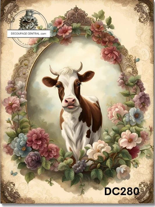 Decoupage Central, Cow, Spring, Bessie, Roses, Framed, Country, Shabby chic, DC280, Rice Paper, Decoupage, Mixed Media, A4 - 8.27 X 11.69 in