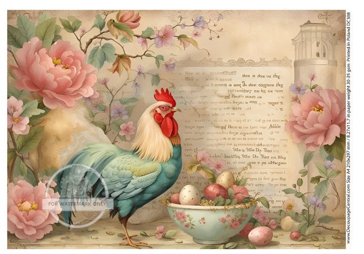 Decoupage Central, Colorful, Roosters, Country, Easter Eggs, Shabby chic, DC308, Rice Paper, Decoupage, Mixed Media, A4 - 8.27 X 11.69 in