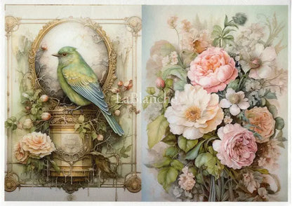 LaBlanche, 2024 Spring Release, Rice Paper, Peonies, Bouquet, Blue Bird, Frame, Shabby Chic, Squares, Lmt Ed LBD346 A4 8.27 X 11.69 in LaBlanche