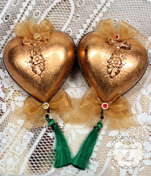 Handcrafted, Decoupage, Victorian Style, Heart Ornament Set 2, Shabby Chic, Vintage Style, Gold Gilded, Large Bauble, Vintage Style Hearts