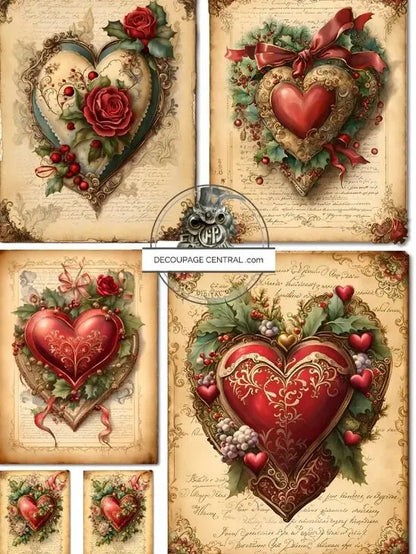 Handcrafted, Decoupage, Victorian Style, Heart Ornament Set of 2, Shabby Chic, Vintage Style, Gold Gilded, Large Bauble, Vintage Style Hearts Handmade by Pamela