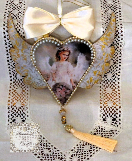 Handcrafted, Shabby Chic, Decoupage, Mixed Media, Angel Wings, Heart Ornament, Gift, Valentine's Day, Child Angel, Gold Gilded, Rhinestones