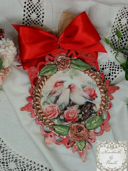 Handcrafted, Shabby Chic, Decoupage, Mixed Media, Love Birds, Roses, Birds, Ornament, Gift, Valentine's Day, Red, Gold Handmade by Pamela