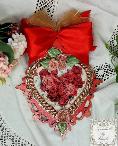 Handcrafted, Shabby Chic, Decoupage, Mixed Media, Love Birds, Roses, Birds, Ornament, Gift, Valentine's Day, Red, Gold Handmade by Pamela
