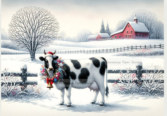 Decoupage Creatives, Rice Paper, Milk, Cow, Farm, Barn, Country, Winter, Snow, Mixed Media, Christmas, A4 8.27 X 11.69, DPD-164