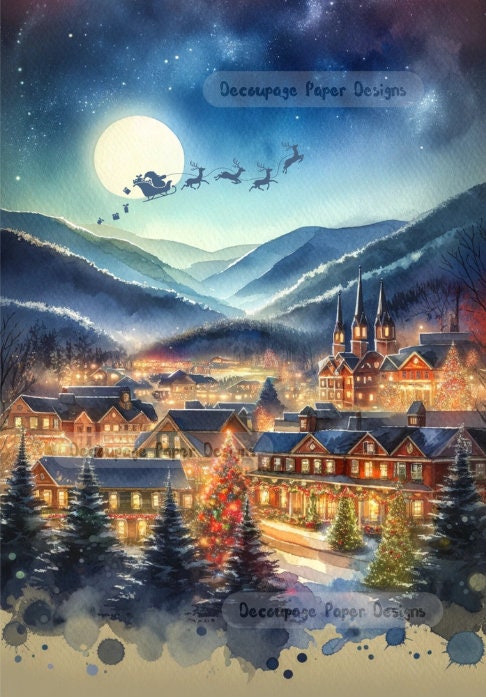 Decoupage Creatives, Rice Paper, Santa, Reindeer, Sleigh, Night, Village, Winter,  Mixed Media, Christmas, A4 8.27 X 11.69, DPD-180