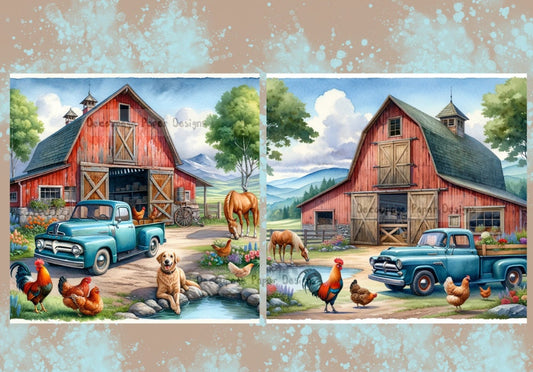 Decoupage Creatives, Rice Paper, Farm, Red Barn, Vintage Truck, Dogs, Horse, Chickens, Squares,  Mixed Media, A4 8.27 X 11.69 DPD245