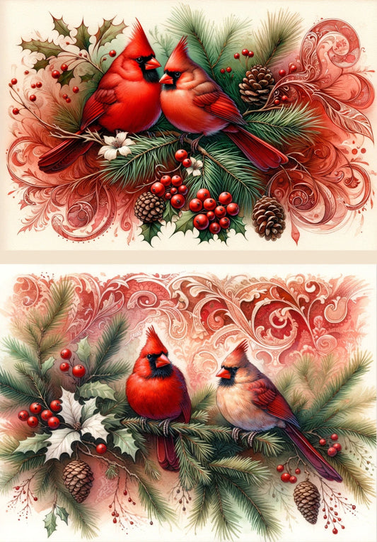 Decoupage Creatives, Rice Paper, Mixed Media, Cardinals, Christmas Greenery, Garland, Flourishes, Holly, Flowers,A4 8.27 X 11.69, DPD-306