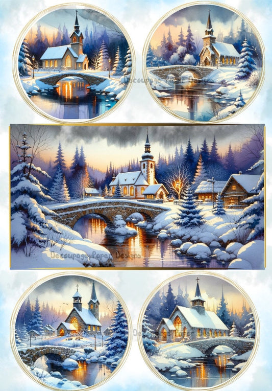 Decoupage Creatives, Rice Paper, Mixed Media, Winter, Scene, Churches, Rounds, Snow, Christmas, A4 8.27 X 11.69, DPD-355