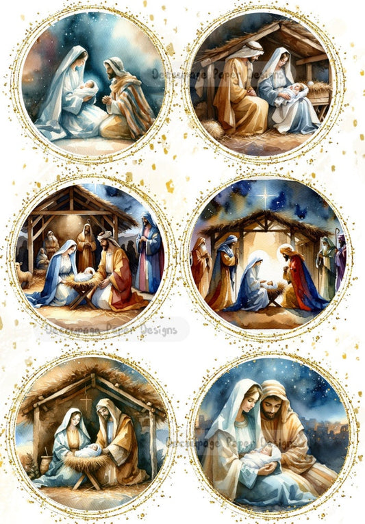 Decoupage Creatives, Rice Paper, Mixed Media, Christmas, Nativity, Rounds, Ornaments, Religious, Holy, Baby Jesus, A4 8.27 X 11.69 DPD356