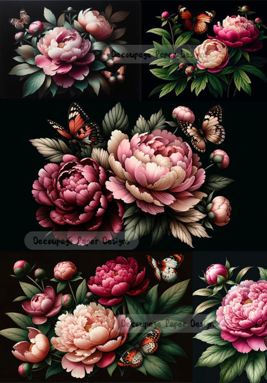 Decoupage Creatives, Rice Paper,  Mixed Media, Peonies, Black, Flowers, Shabby Chic, Floral, A4 8.27 X 11.69, DPD-362