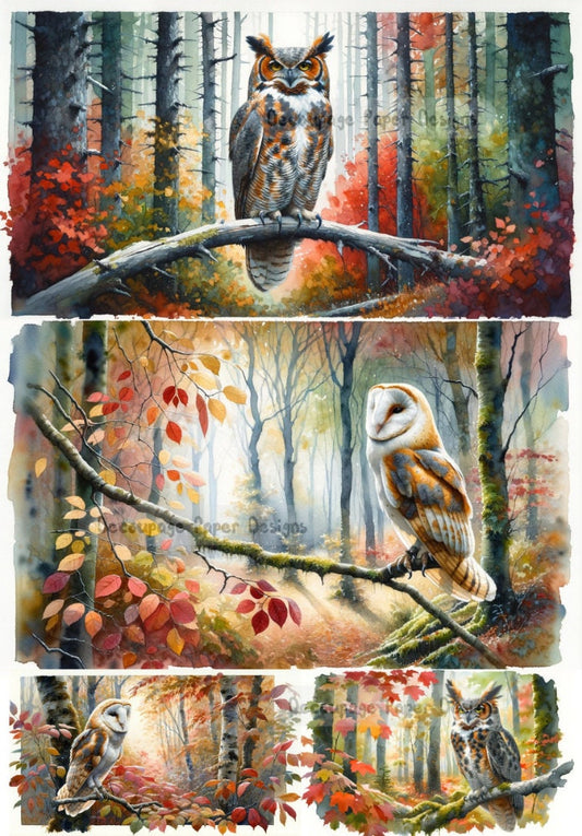 Decoupage Creatives, Rice Paper,  Mixed Media, Owls, Fall, Forest, Landscape, Autumn Leaves, Squares, A4 8.27 X 11.69, DPD-390