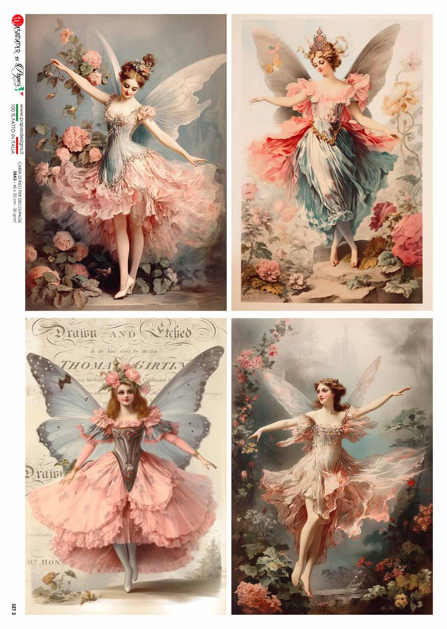 Paper Designs, Special Release, Fairies, Roses, 4 Pack, Shabby Chic, Vintage Style, Rice Paper, Decoupage, Mixed  Media, A4 8.3" X 11.7"