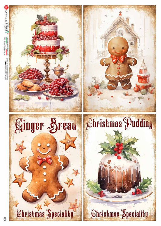 Paper Designs, Christmas, Special Release, Sweet Treats, Gingerbread, Cake, Desserts, 4 pack, A4 8.3" X 11.7" Rice Paper for Decoupage