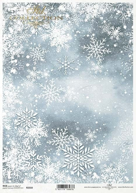 ITD Collection, Rice Paper, Decoupage, Mixed Media, R2310, A4, 8.27x11.7 Winter Snowflakes, Background, Wallpaper, Blue White, Crystal, Snow