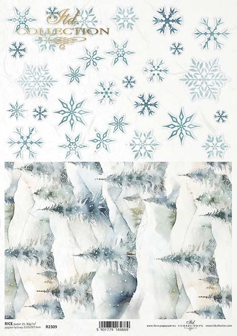 ITD Collection, Rice Paper, Decoupage, Mixed Media, R2309,  A4, 8.27x11.7 Christmas trees, views, snowflakes, Snow, Background, Wallpaper