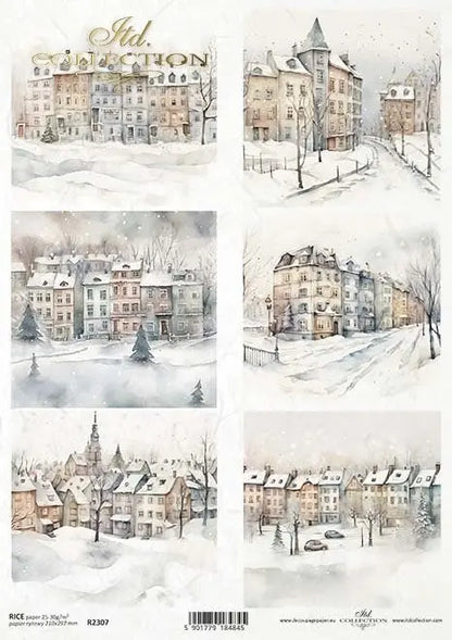 ITD Collection, Rice Paper, Decoupage, Mixed Media, R2307,  A4, 8.27x11.7 Winter, Views, buildings, Row Houses, Cottages, Snow Scene ITD Collection